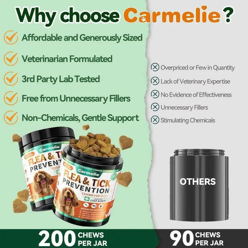 Carmelie Natural Flea & Tick Support for Dogs – 200 Chews, All Breeds & Sizes, Supports Healthy Skin & Coat with Omega-3, Puppy Flea Protection, Chicken Flavor Treats Poodle