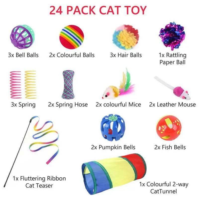 Cat Toys 24Pcs Kitten Toy Set - Colorful Two-Way Interactive Tunnel Toy Kit for Hide and Seek Training