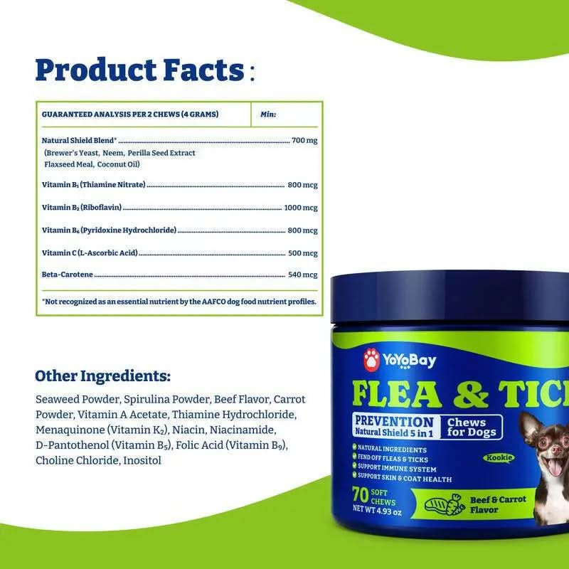 Flea & Tick Prevention for Dogs Chewables, Yoyobay Natural Dog Fleas and Ticks Control Supplement, Dogs Supplement, Natural Shield 5-In-1 Protection, Beef & Carrot Flavor, 70 Soft Chews