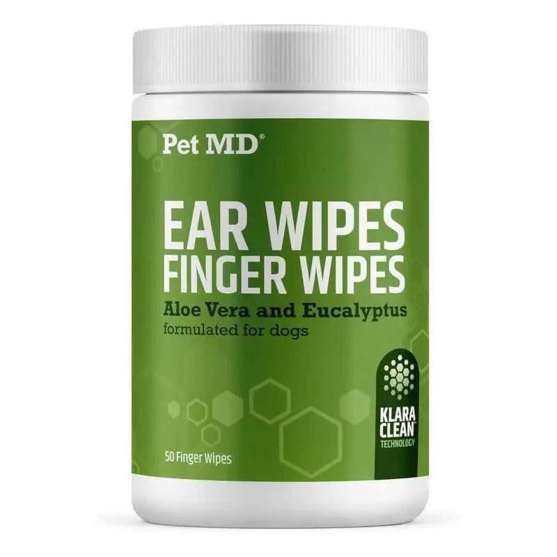 Pet MD Ear Finger Wipes for Dogs - Extra-Coverage & Large Design - Eucalyptus & Aloe Vera - 50Ct