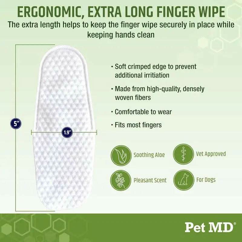 Pet MD Ear Finger Wipes for Dogs - Extra-Coverage & Large Design - Eucalyptus & Aloe Vera - 50Ct