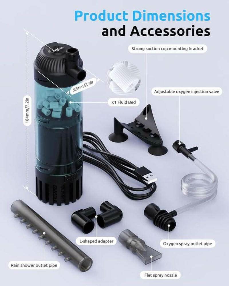 SEAOURA Submersible Aquarium Filter for 5 to 20 Gallon Tank with Fluid Bed and Biochemical Sponge Power Fish Tank Filter Aeration System 90 GPH Water Pump Ultra-Quiet for Saltwater and Freshwater