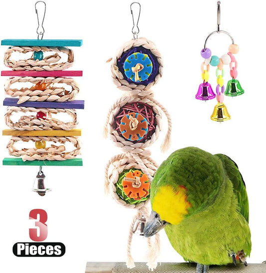 3-Pack Bird Toy Set: Hanging Bells, Rattan Balls, and Twisted String for Parrots, Parakeets, Conures, Cockatiels, Mynahs, and Lovebirds - Decorative Accessories for Small Bird Cages