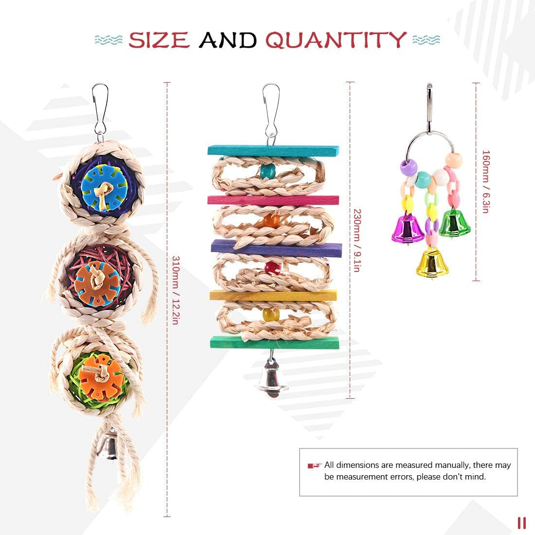 3-Pack Bird Toy Set: Hanging Bells, Rattan Balls, and Twisted String for Parrots, Parakeets, Conures, Cockatiels, Mynahs, and Lovebirds - Decorative Accessories for Small Bird Cages