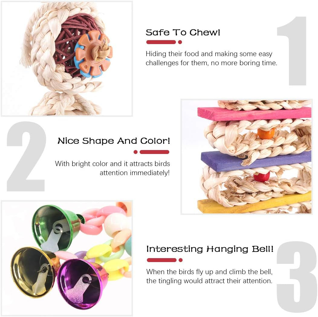 3-Pack Bird Toy Set: Hanging Bells, Rattan Balls, and Twisted String for Parrots, Parakeets, Conures, Cockatiels, Mynahs, and Lovebirds - Decorative Accessories for Small Bird Cages