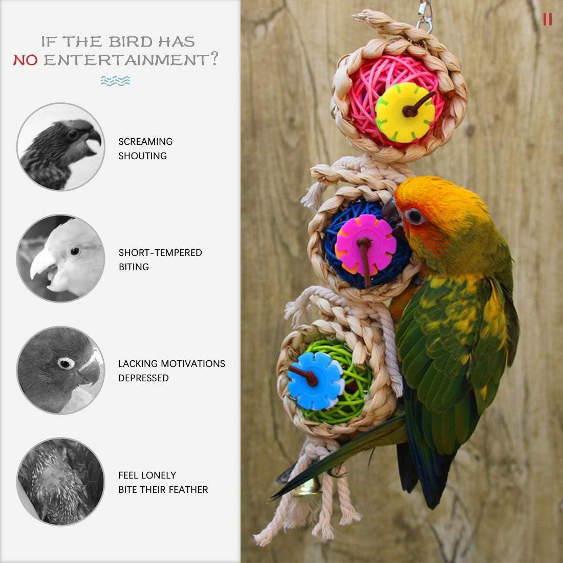 3-Pack Bird Toy Set: Hanging Bells, Rattan Balls, and Twisted String for Parrots, Parakeets, Conures, Cockatiels, Mynahs, and Lovebirds - Decorative Accessories for Small Bird Cages
