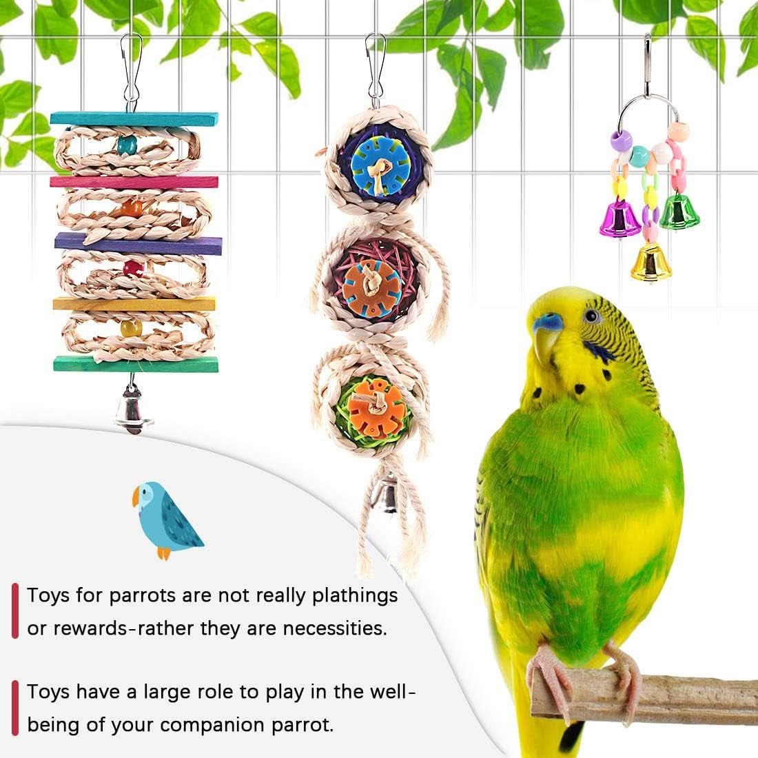 3-Pack Bird Toy Set: Hanging Bells, Rattan Balls, and Twisted String for Parrots, Parakeets, Conures, Cockatiels, Mynahs, and Lovebirds - Decorative Accessories for Small Bird Cages