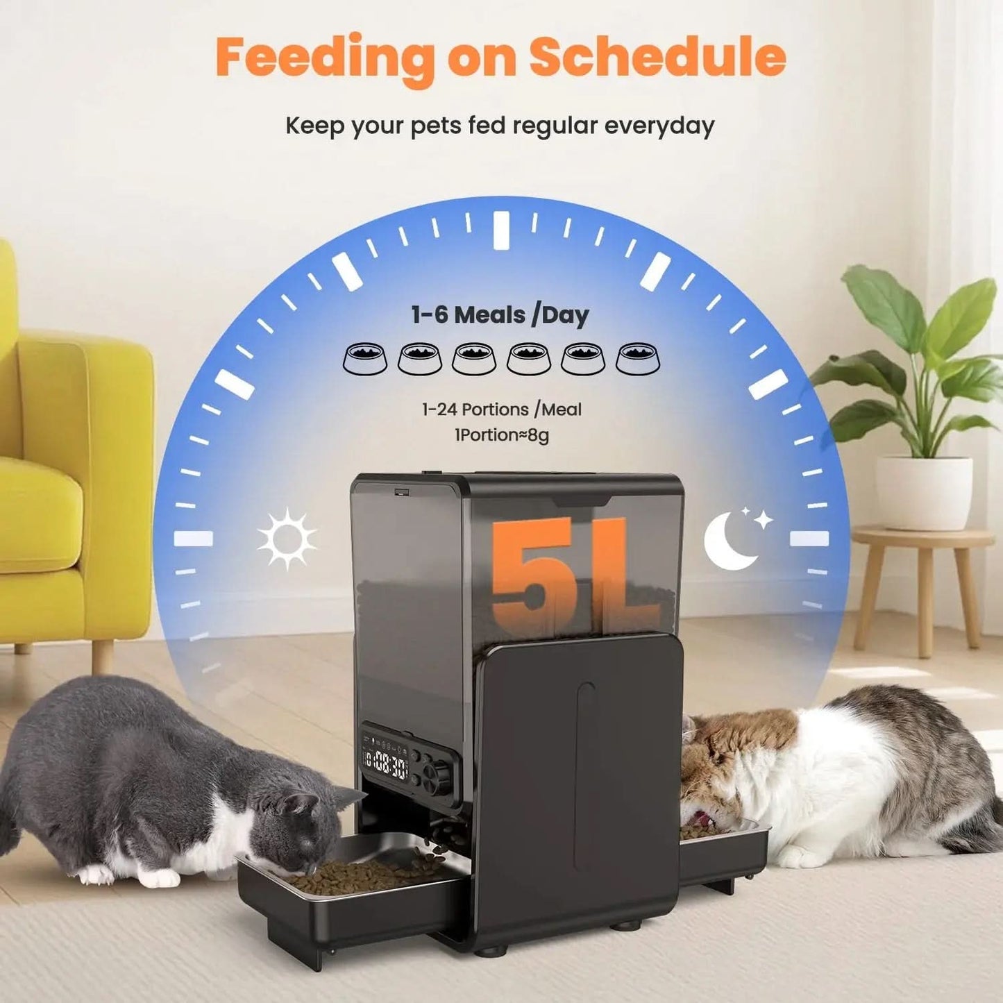 5L/20 Cups Automatic Cat Food Dispenser for 2 Cats/2 Small Dogs, Pet Dispenser with Timer and Voice Functions, Suitable for Dry or Wet Meals
