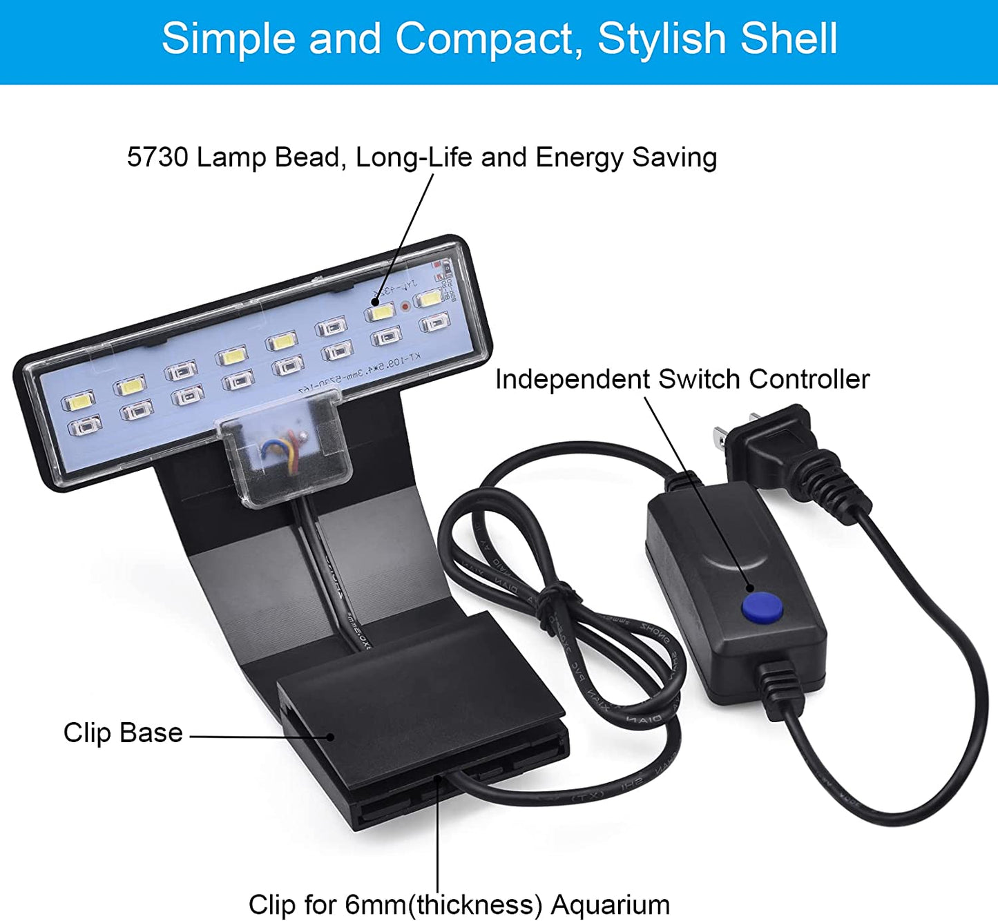 5W LED Aquarium Light with Three Adjustable Modes, 16 LEDs, 550LM for 12-Inch Fish Tanks (0.24 Inch Thickness)