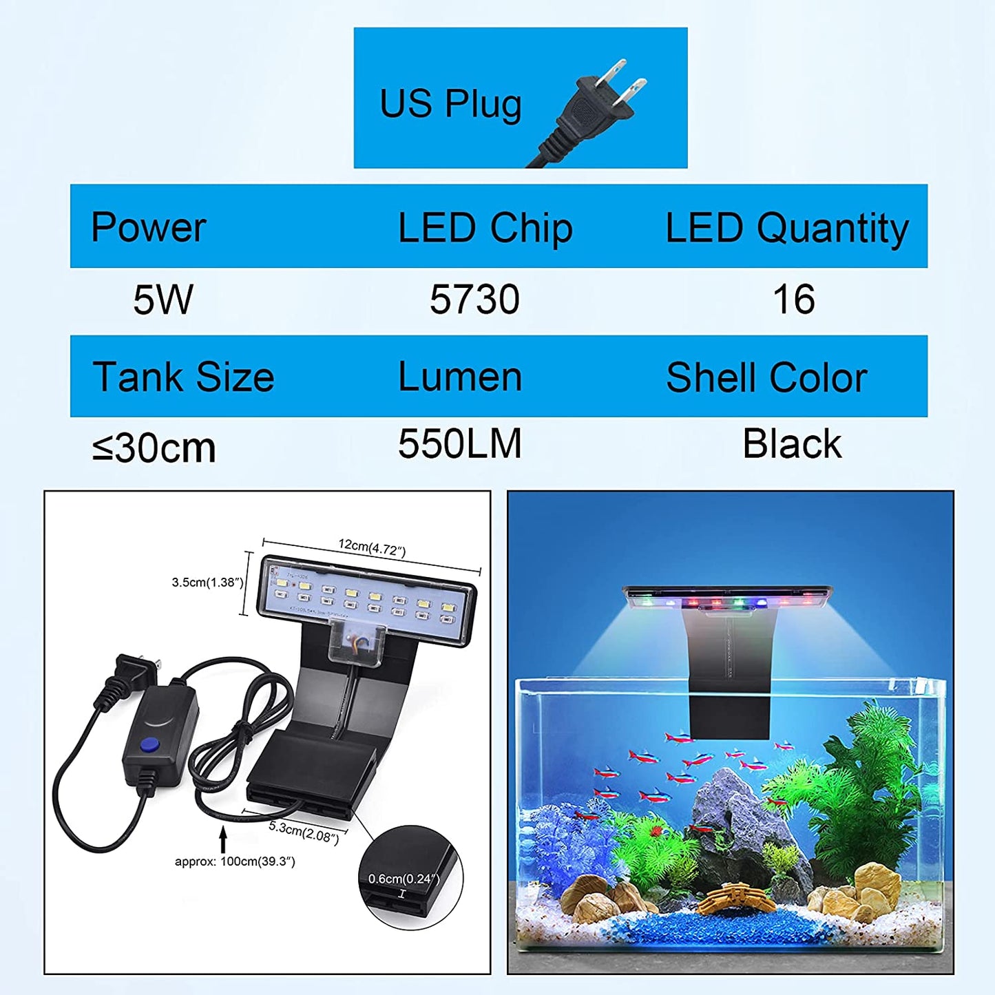 5W LED Aquarium Light with Three Adjustable Modes, 16 LEDs, 550LM for 12-Inch Fish Tanks (0.24 Inch Thickness)