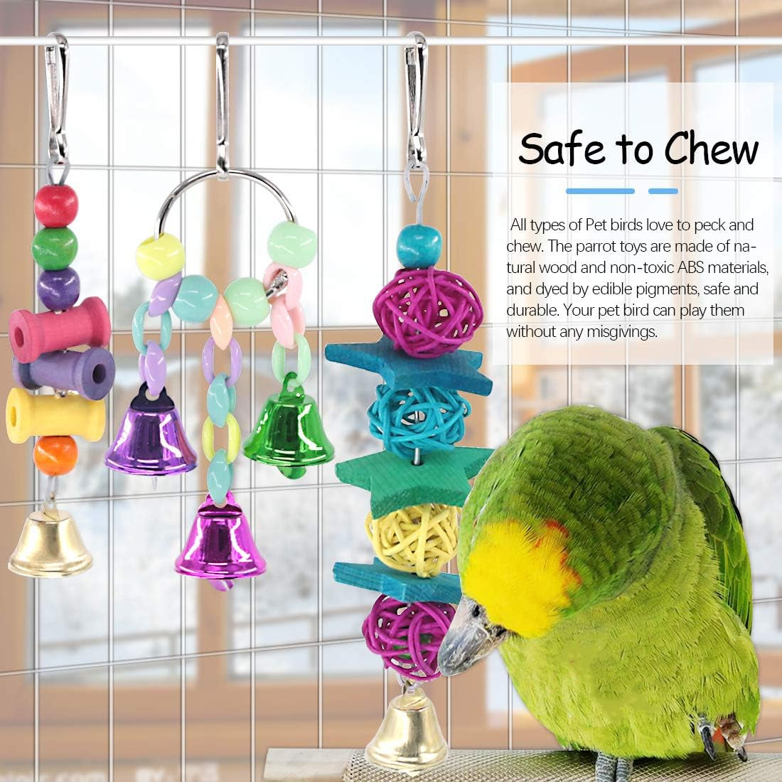 6-Pack Bird Chewing Toy Set with Perches, Swings, and Bells for Parakeets, Cockatiels, Conures, Macaws, Parrots, Finches, and Lovebirds