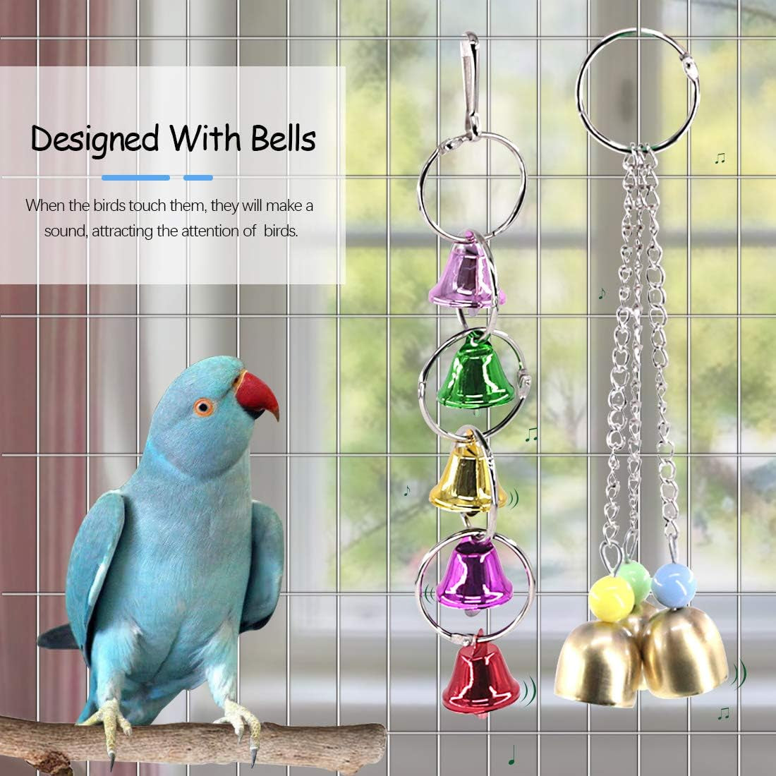 6-Pack Bird Chewing Toy Set with Perches, Swings, and Bells for Parakeets, Cockatiels, Conures, Macaws, Parrots, Finches, and Lovebirds