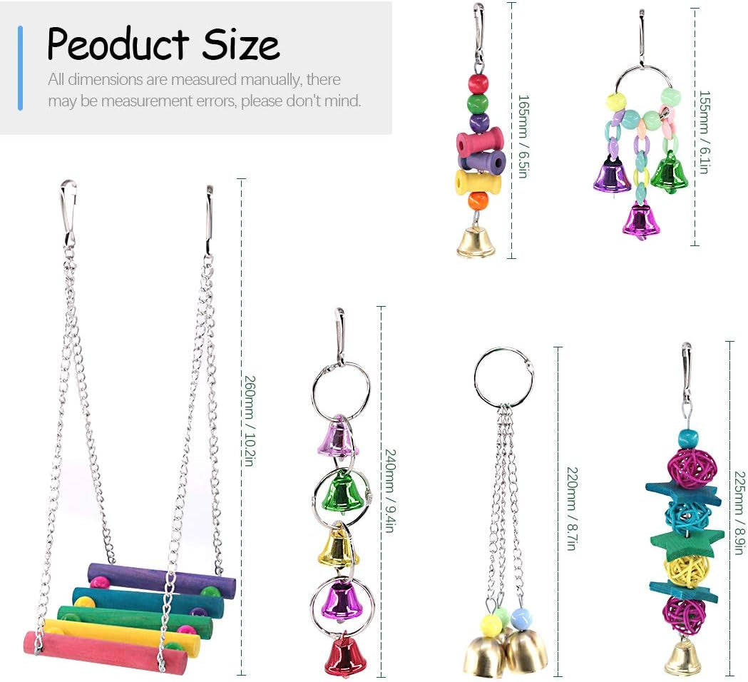 6-Pack Bird Chewing Toy Set with Perches, Swings, and Bells for Parakeets, Cockatiels, Conures, Macaws, Parrots, Finches, and Lovebirds