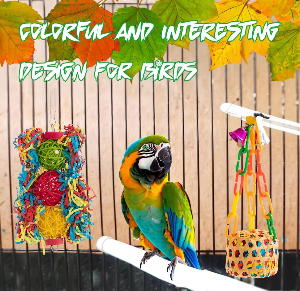 6-Pack Bird Toys for Parakeets, Parrots, and Conures - Foraging and Chewing Accessories with Unique Cage Perches for an Enriching Aviary Experience