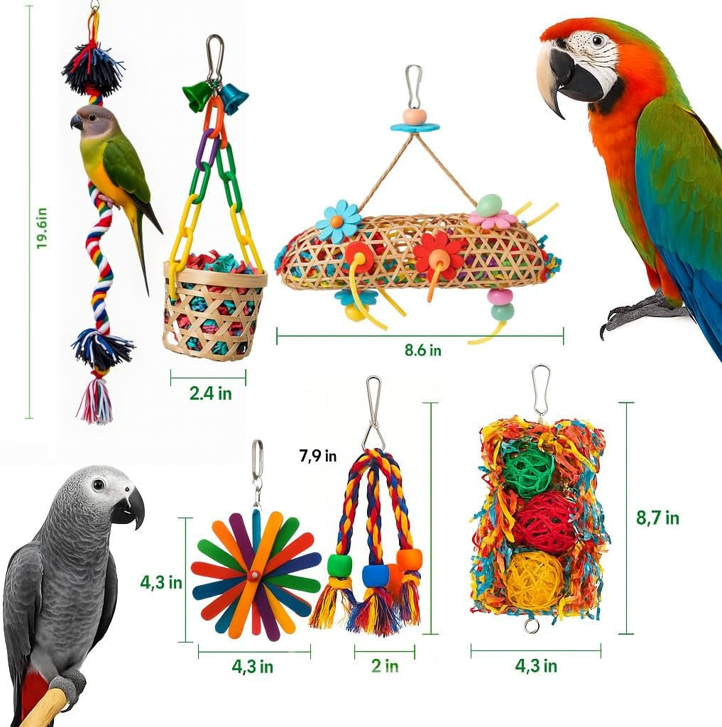6-Pack Bird Toys for Parakeets, Parrots, and Conures - Foraging and Chewing Accessories with Unique Cage Perches for an Enriching Aviary Experience