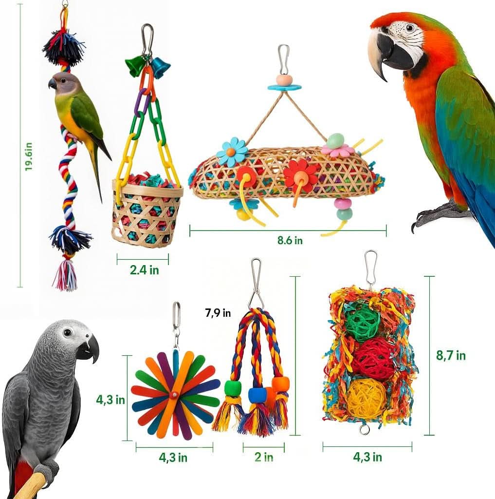 6-Pack Bird Toys for Parakeets, Parrots, and Conures - Foraging and Chewing Accessories with Unique Cage Perches for an Enriching Aviary Experience