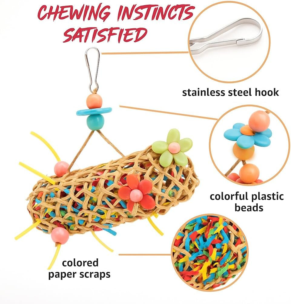 6-Pack Bird Toys for Parakeets, Parrots, and Conures - Foraging and Chewing Accessories with Unique Cage Perches for an Enriching Aviary Experience