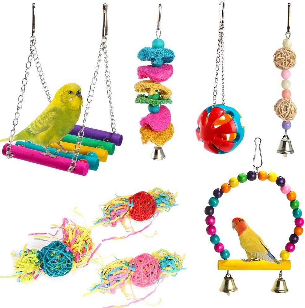 8-Pack Natural Wood and Rope Bird Swing Toys for Parrots, Parakeets, Conures, Cockatiels, Mynahs, and Love Birds