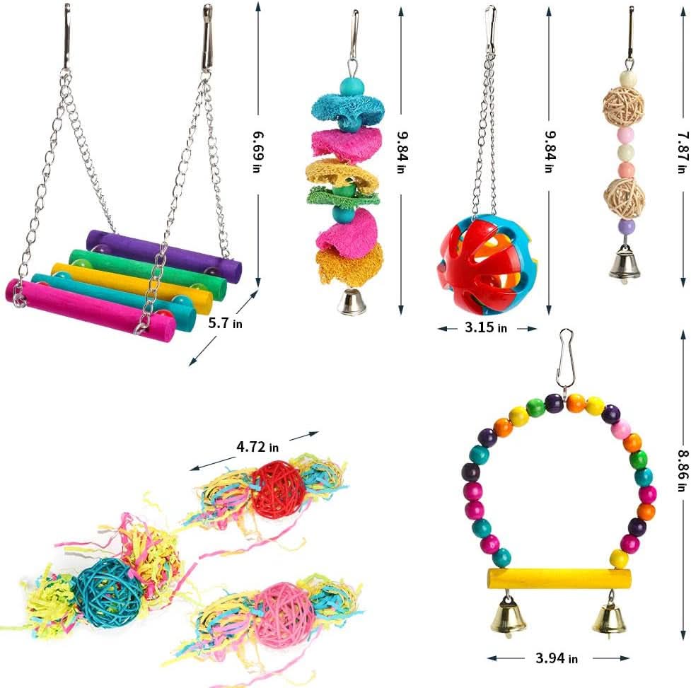 8-Pack Natural Wood and Rope Bird Swing Toys for Parrots, Parakeets, Conures, Cockatiels, Mynahs, and Love Birds