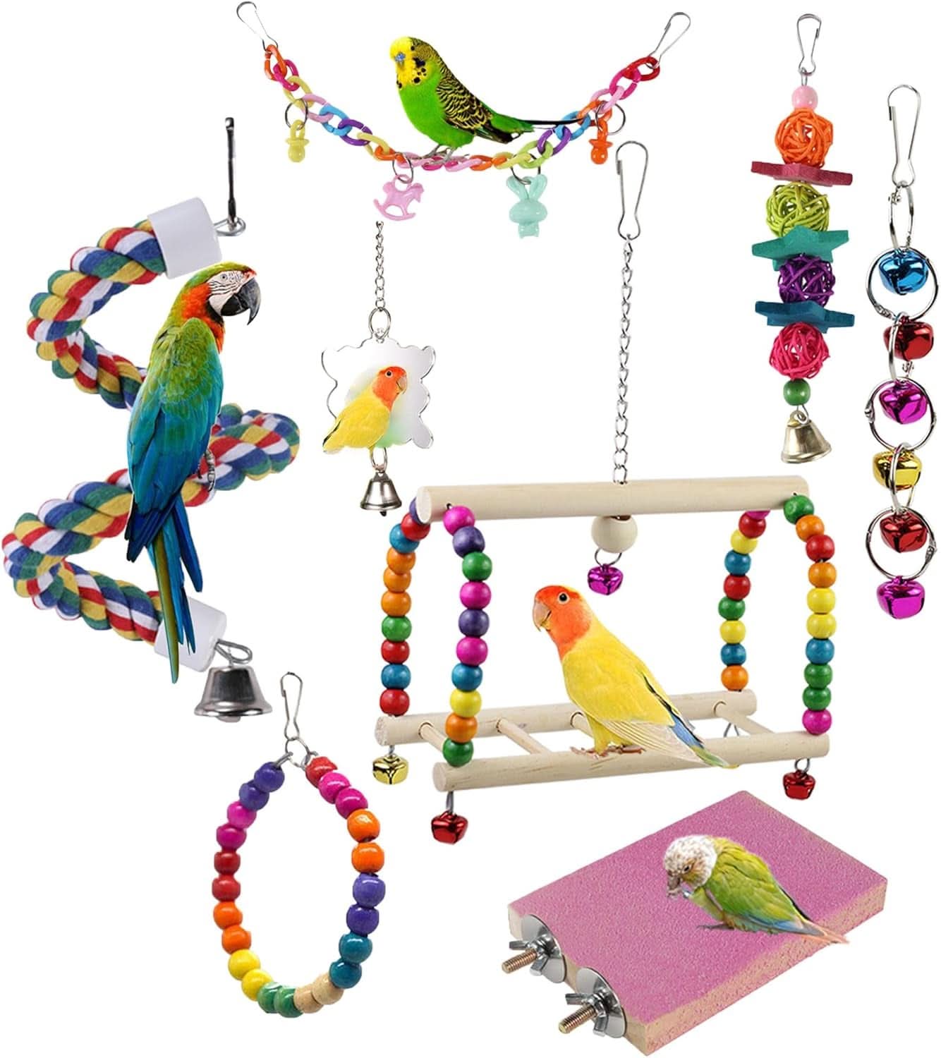 8-Piece Bird Cage Toy Set for Small Parrots, Featuring Swings, Chewing, and Climbing Accessories for Conures, Lovebirds, Finches, and Budgies