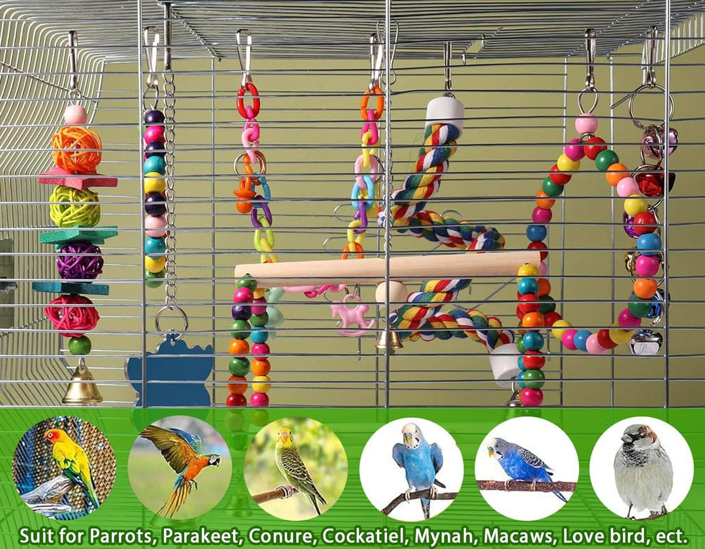 8-Piece Bird Cage Toy Set for Small Parrots, Featuring Swings, Chewing, and Climbing Accessories for Conures, Lovebirds, Finches, and Budgies