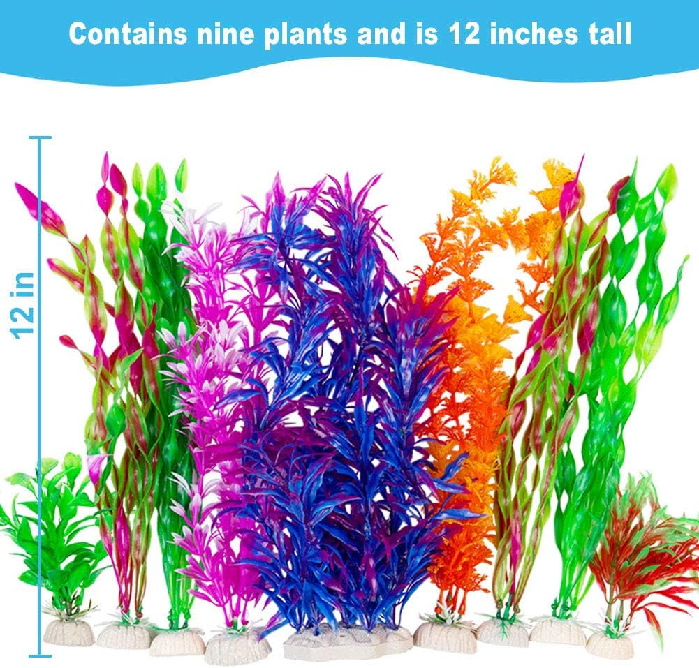 9-Pack Large Artificial Aquarium Plants - Vividly Simulated Aquatic Landscape (12 Inches)