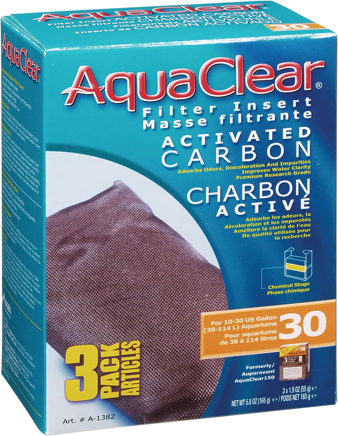 A1382 Activated Carbon Inserts for 30-Gallon Aquariums, White, Pack of 3