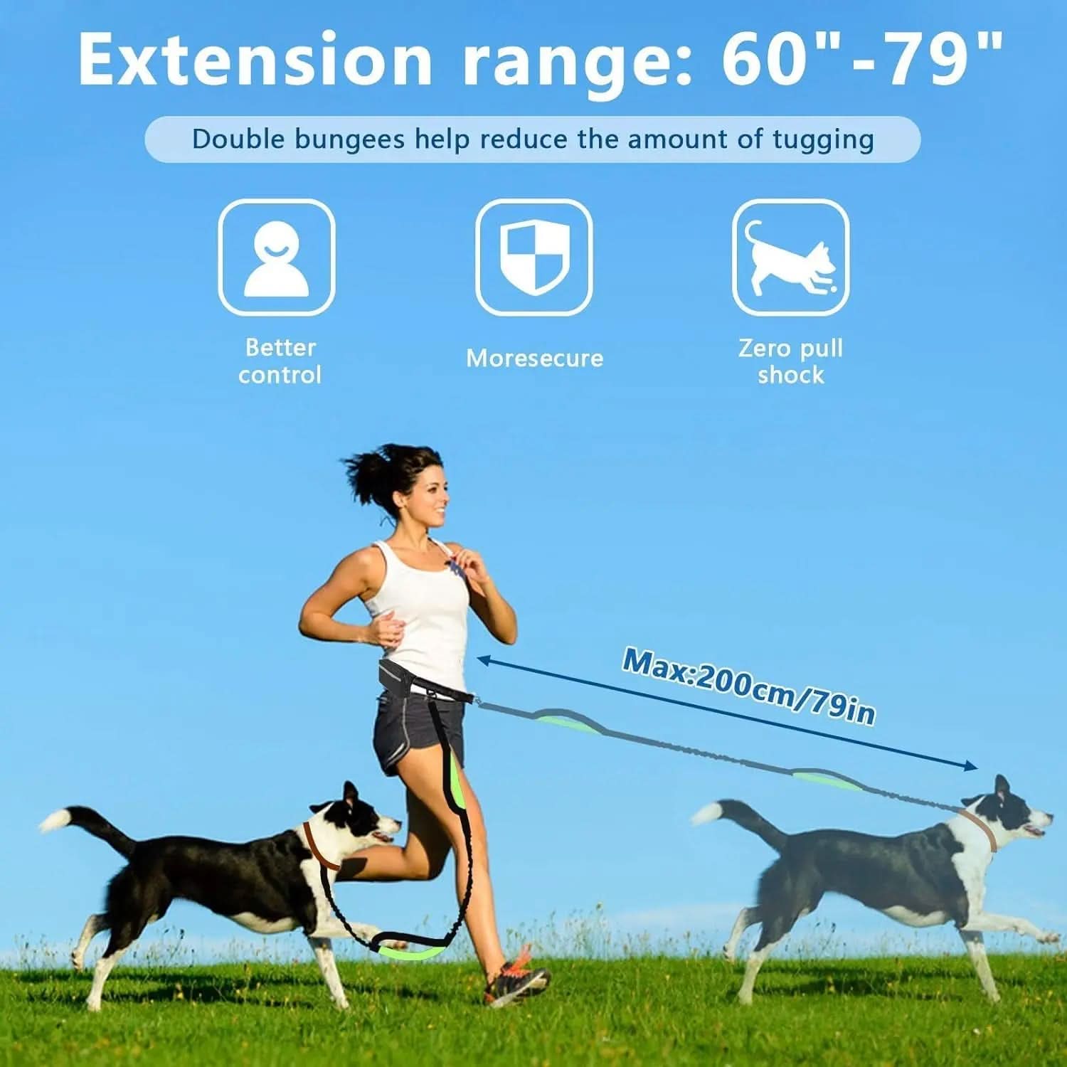 Adjustable Hands-Free Dog Leash for Running, Walking, and Hiking - Suitable for Small, Medium, and Large Dogs with Dual-Handle Bungee and Reflective Features, Includes Zipper Pouch (Black with Green)