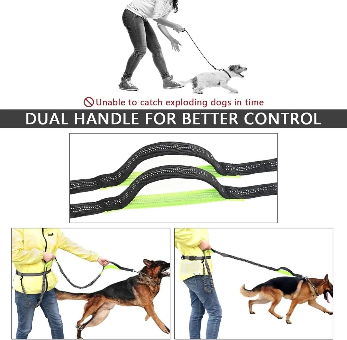 Adjustable Hands-Free Dog Leash for Running, Walking, and Hiking - Suitable for Small, Medium, and Large Dogs with Dual-Handle Bungee and Reflective Features, Includes Zipper Pouch (Black with Green)