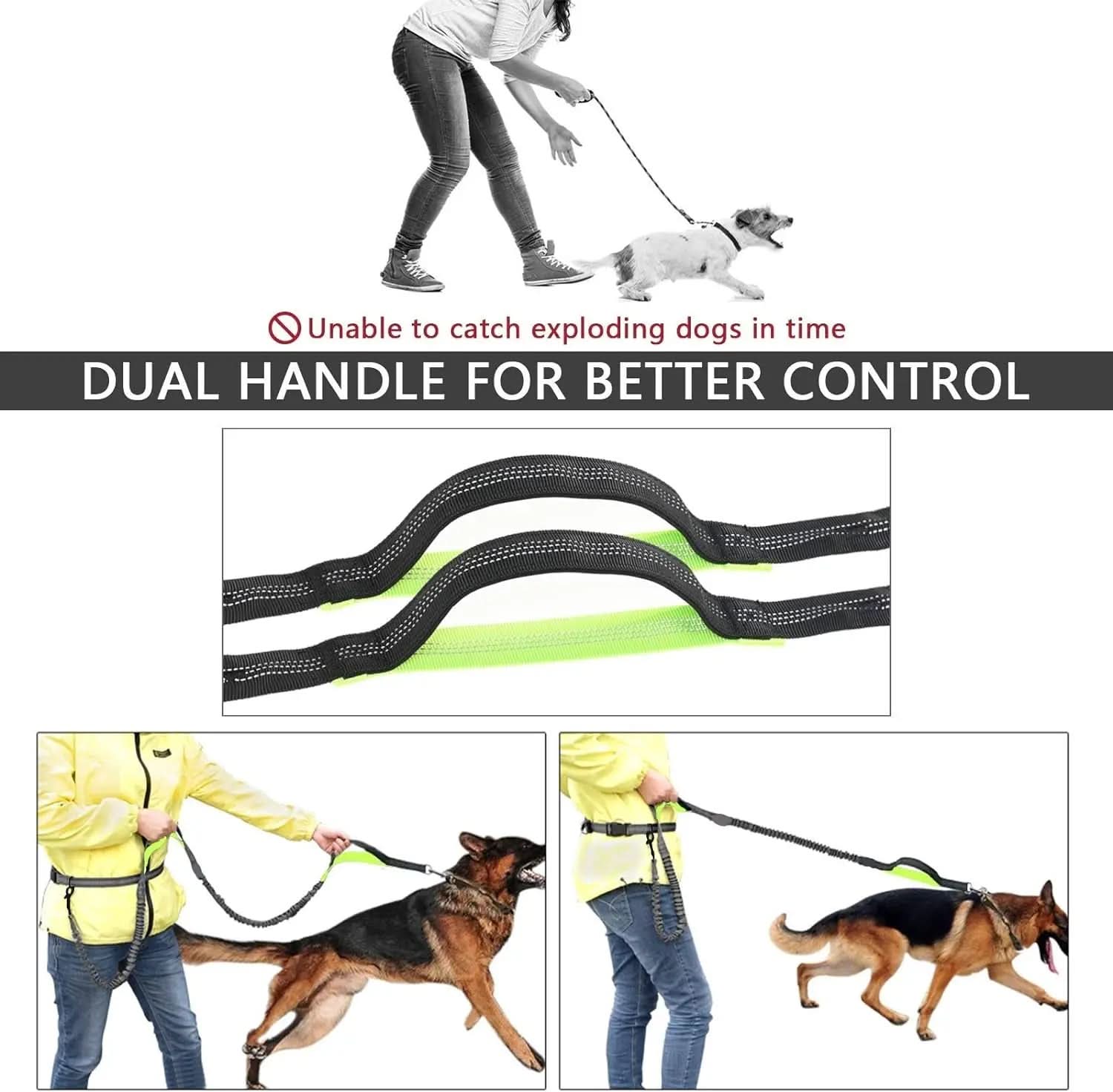 Adjustable Hands-Free Dog Leash for Running, Walking, and Hiking - Suitable for Small, Medium, and Large Dogs with Dual-Handle Bungee and Reflective Features, Includes Zipper Pouch (Black with Green)