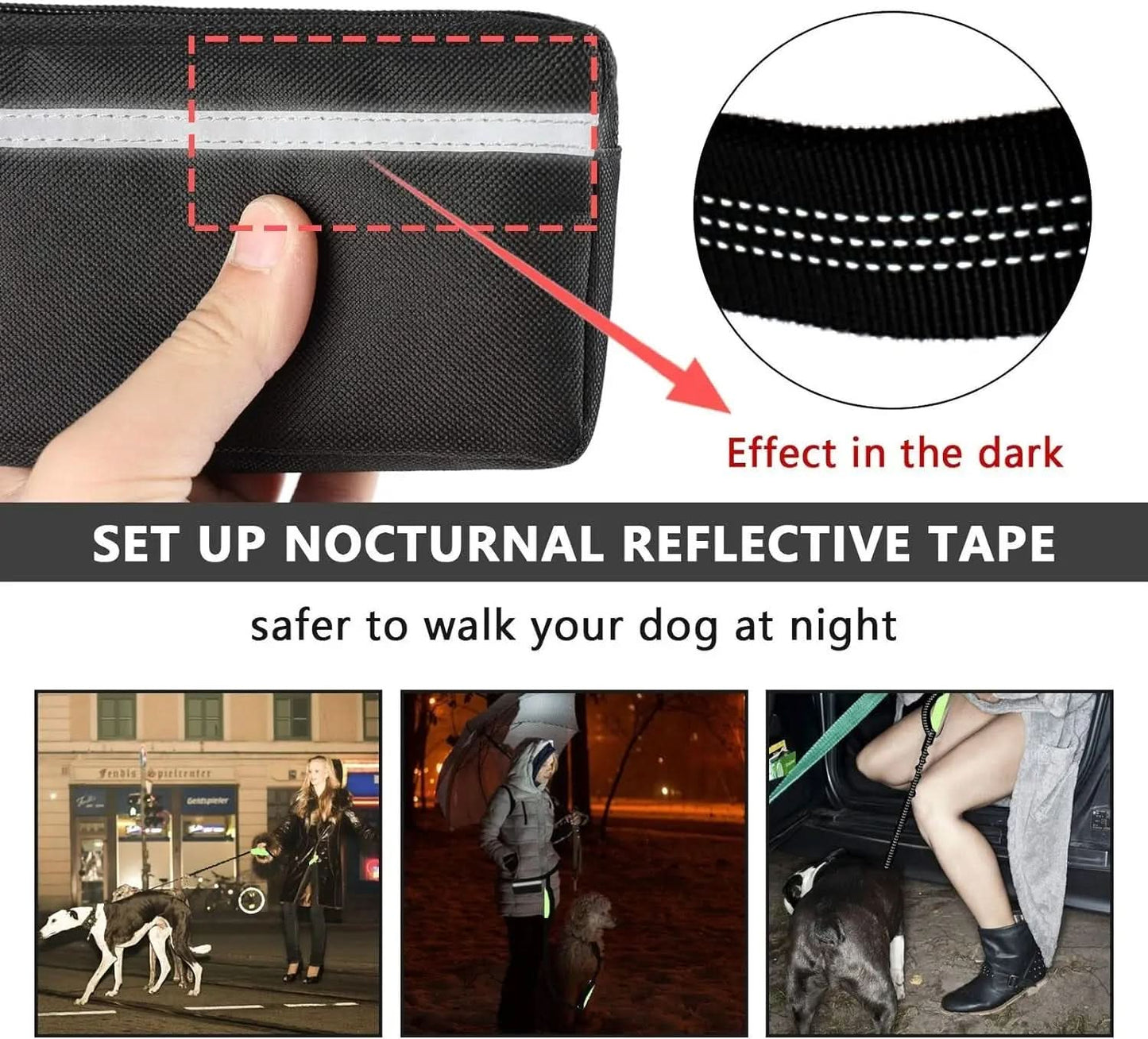 Adjustable Hands-Free Dog Leash for Running, Walking, and Hiking - Suitable for Small, Medium, and Large Dogs with Dual-Handle Bungee and Reflective Features, Includes Zipper Pouch (Black with Green)