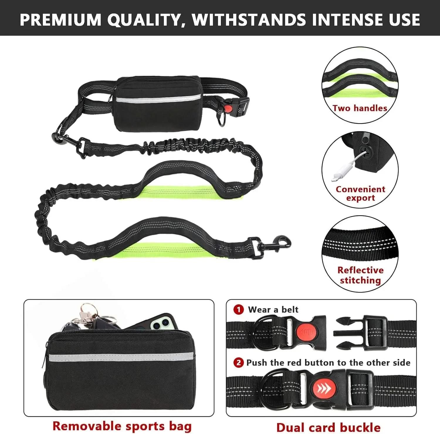 Adjustable Hands-Free Dog Leash for Running, Walking, and Hiking - Suitable for Small, Medium, and Large Dogs with Dual-Handle Bungee and Reflective Features, Includes Zipper Pouch (Black with Green)