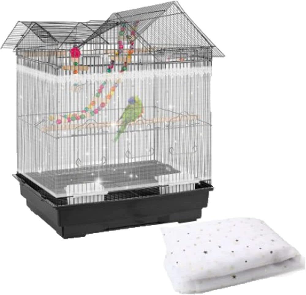 Adjustable Nylon Bird Cage Net with Star Mesh Design, Seed and Feather Catcher, Perch Toys and Cover Skirt for Parrots, Parakeets, and Macaws