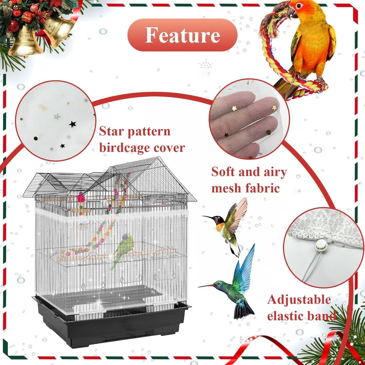 Adjustable Nylon Bird Cage Net with Star Mesh Design, Seed and Feather Catcher, Perch Toys and Cover Skirt for Parrots, Parakeets, and Macaws
