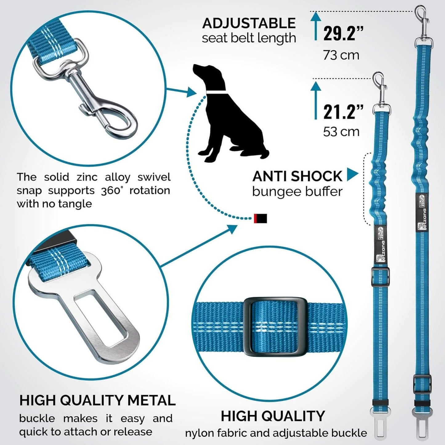 Adjustable Pet Car Harness with Elastic Bungee Buffer - Essential Safety Restraint and Dog Leash for Travel (Blue)