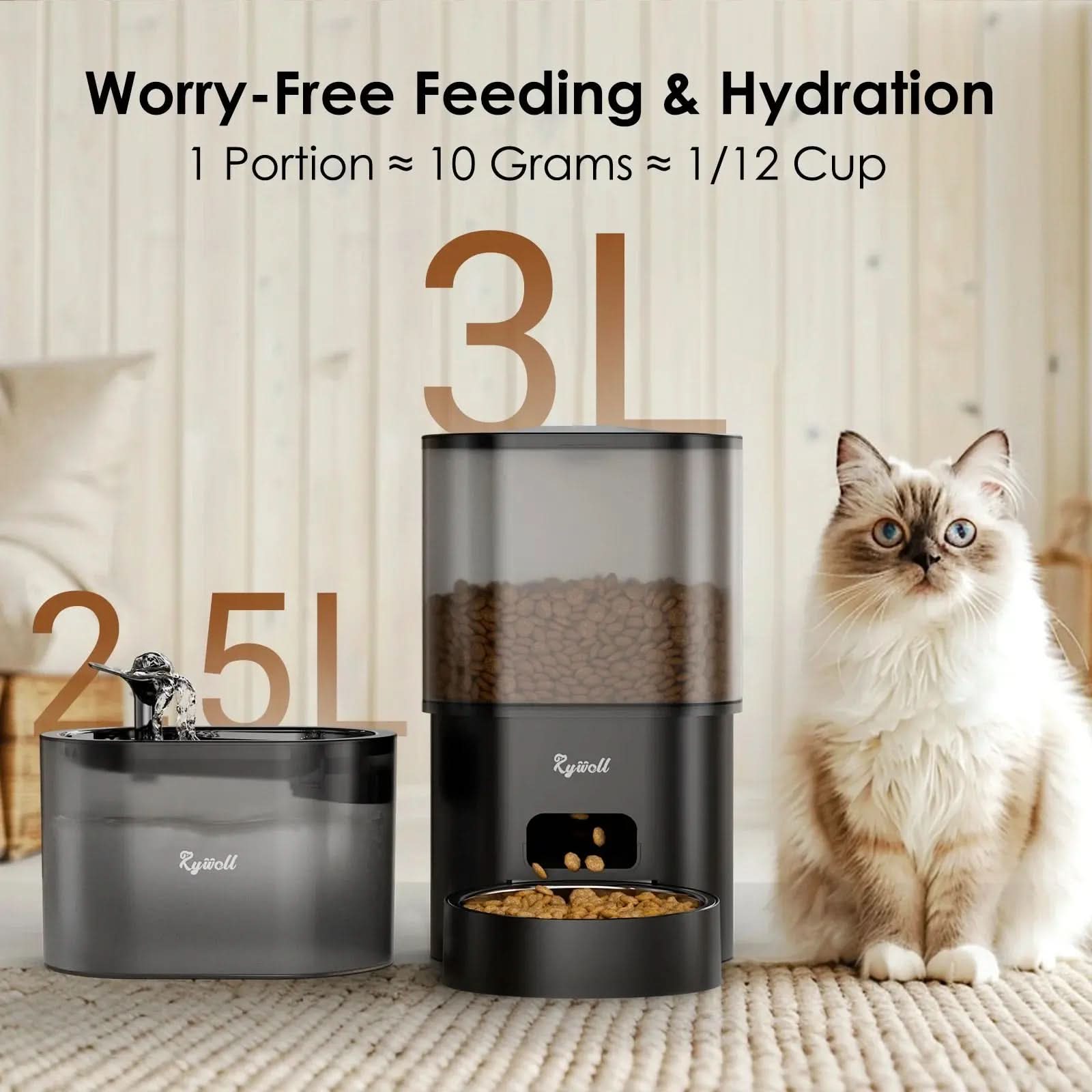 Automatic Cat Feeder with Water Dispenser, 2-In-1 Feeding Set with Feeding Schedule & Voice Recorder, Dual Power Supply, Auto Cat Food Dispenser for Cat