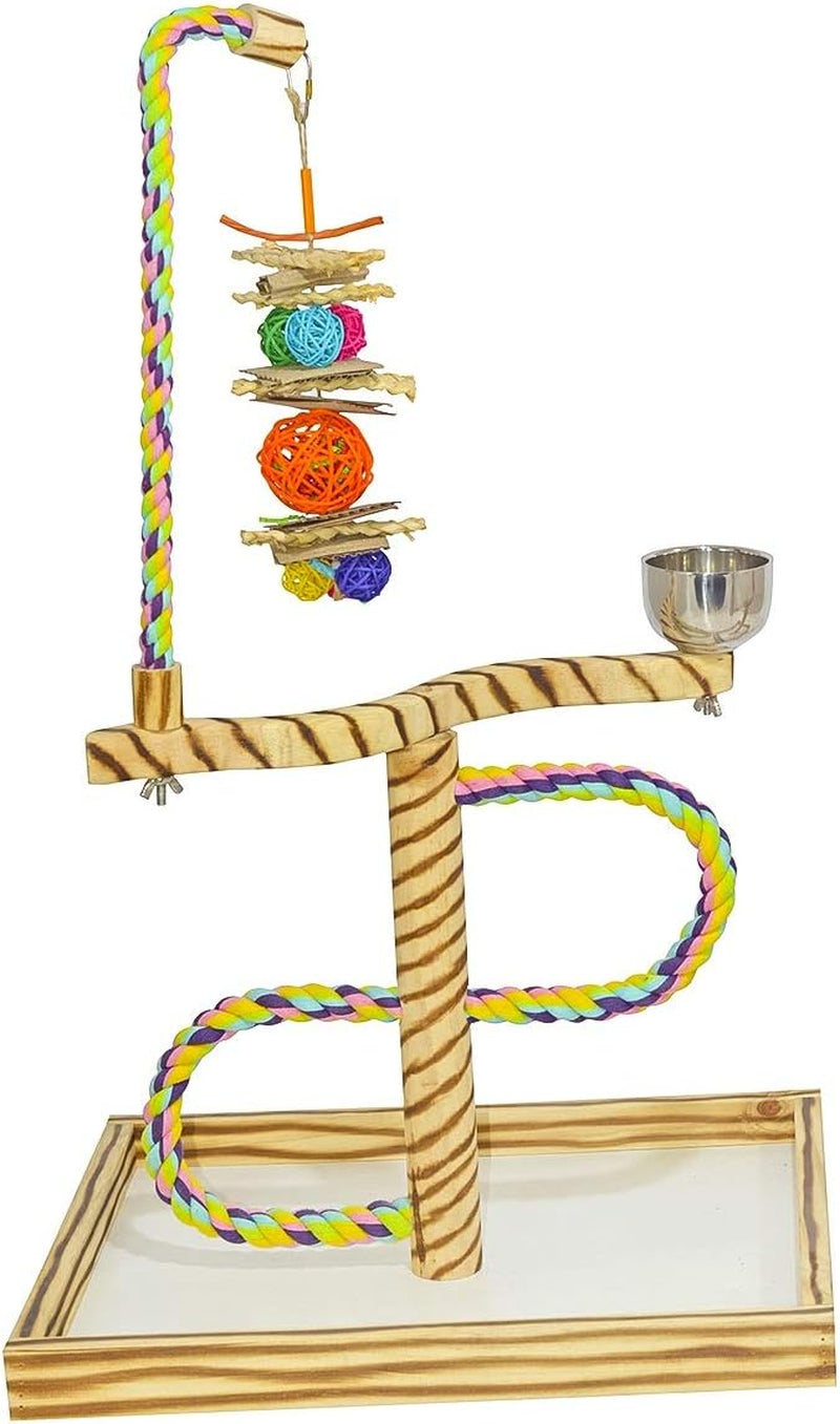 Bird Play Gym Tabletop with Cup, Toy Hanger, and Accessories - Large Javan Tigertail Stand for Birds