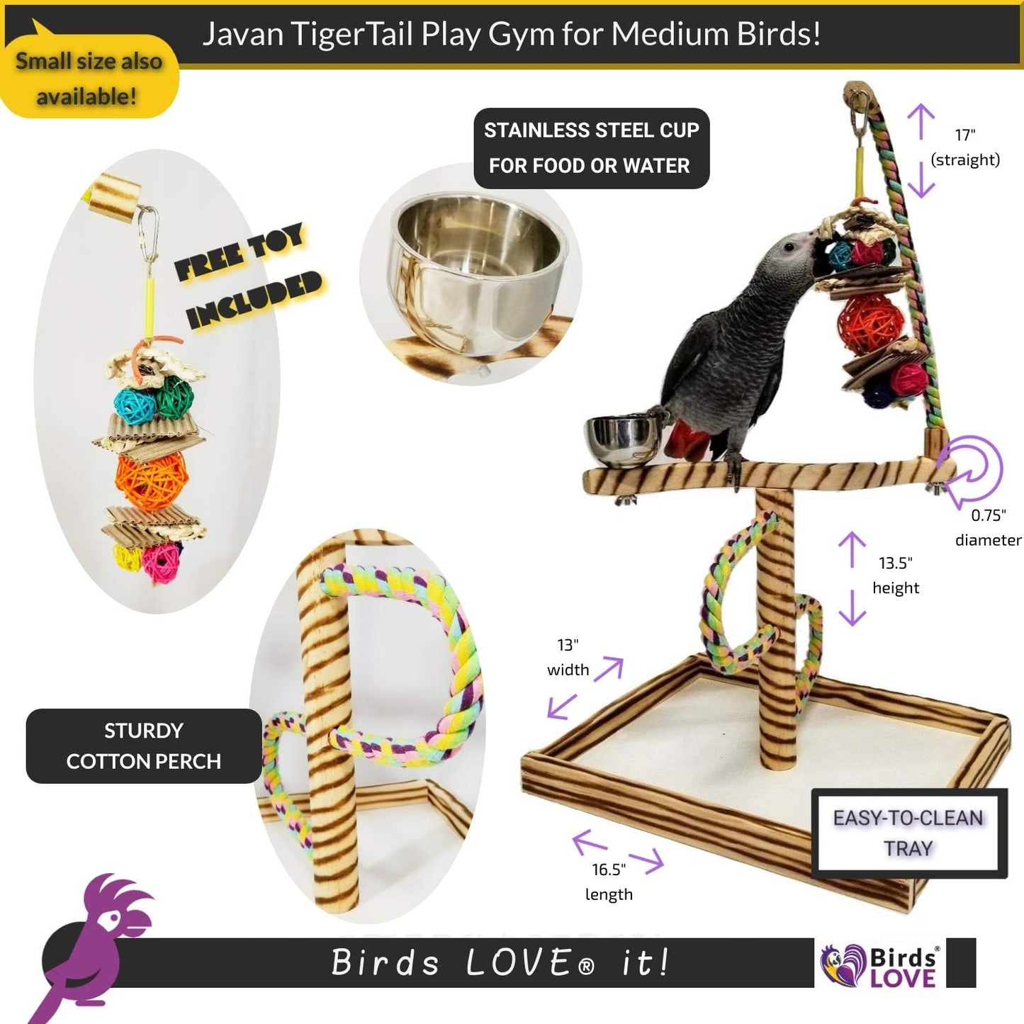 Bird Play Gym Tabletop with Cup, Toy Hanger, and Accessories - Large Javan Tigertail Stand for Birds