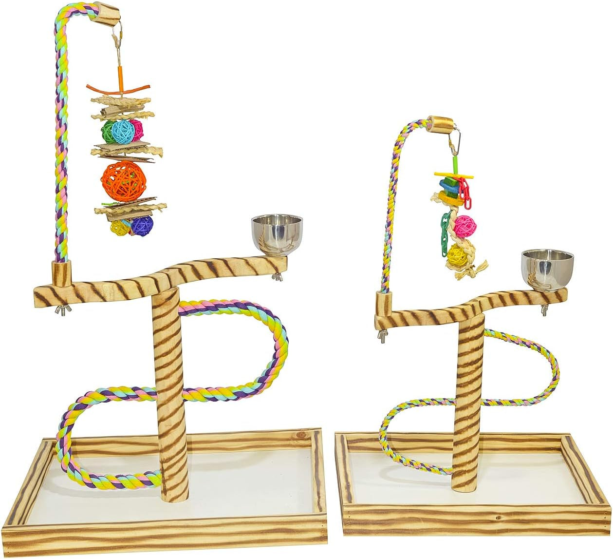 Bird Play Gym Tabletop with Cup, Toy Hanger, and Accessories - Large Javan Tigertail Stand for Birds