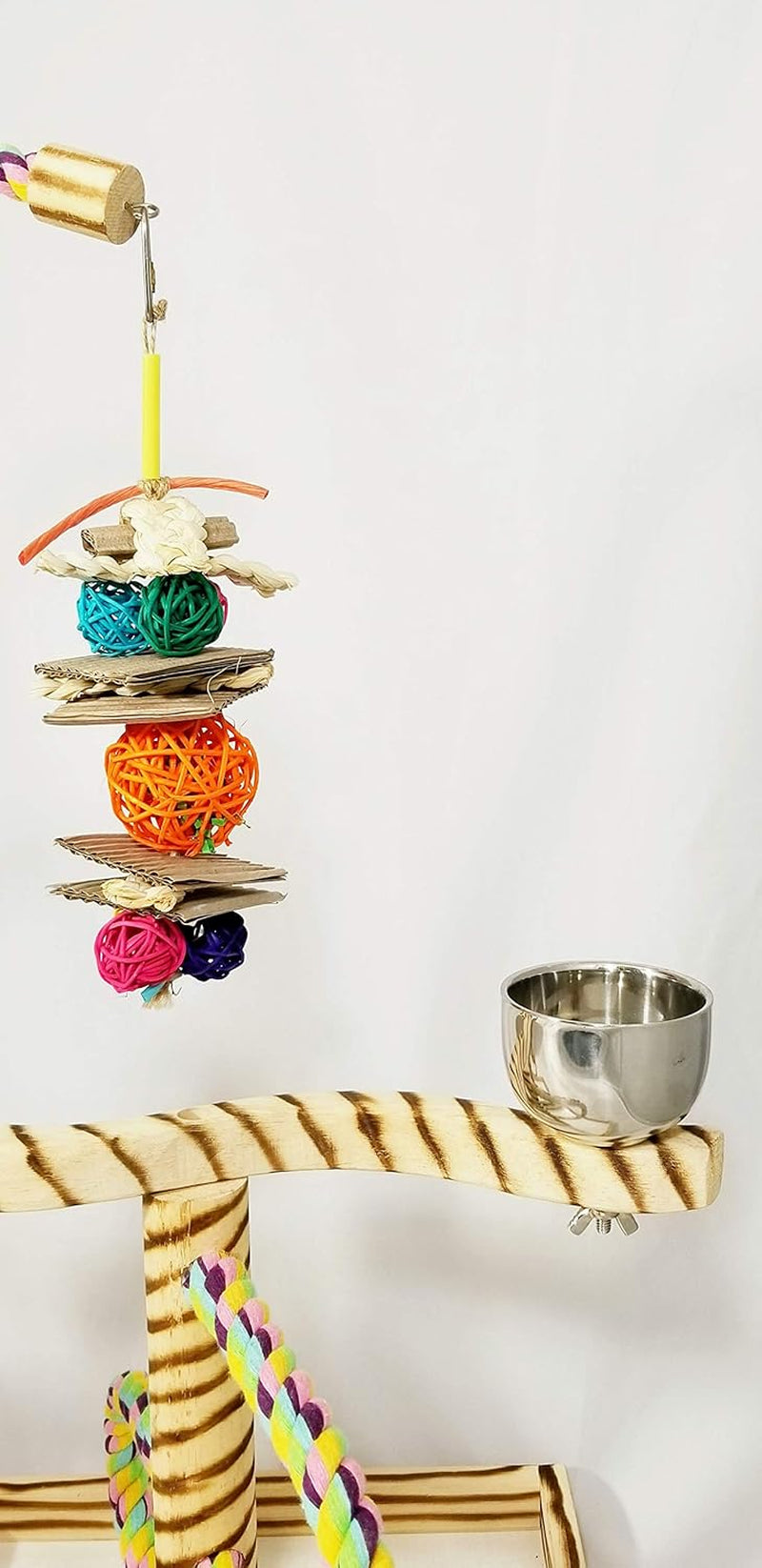 Bird Play Gym Tabletop with Cup, Toy Hanger, and Accessories - Large Javan Tigertail Stand for Birds