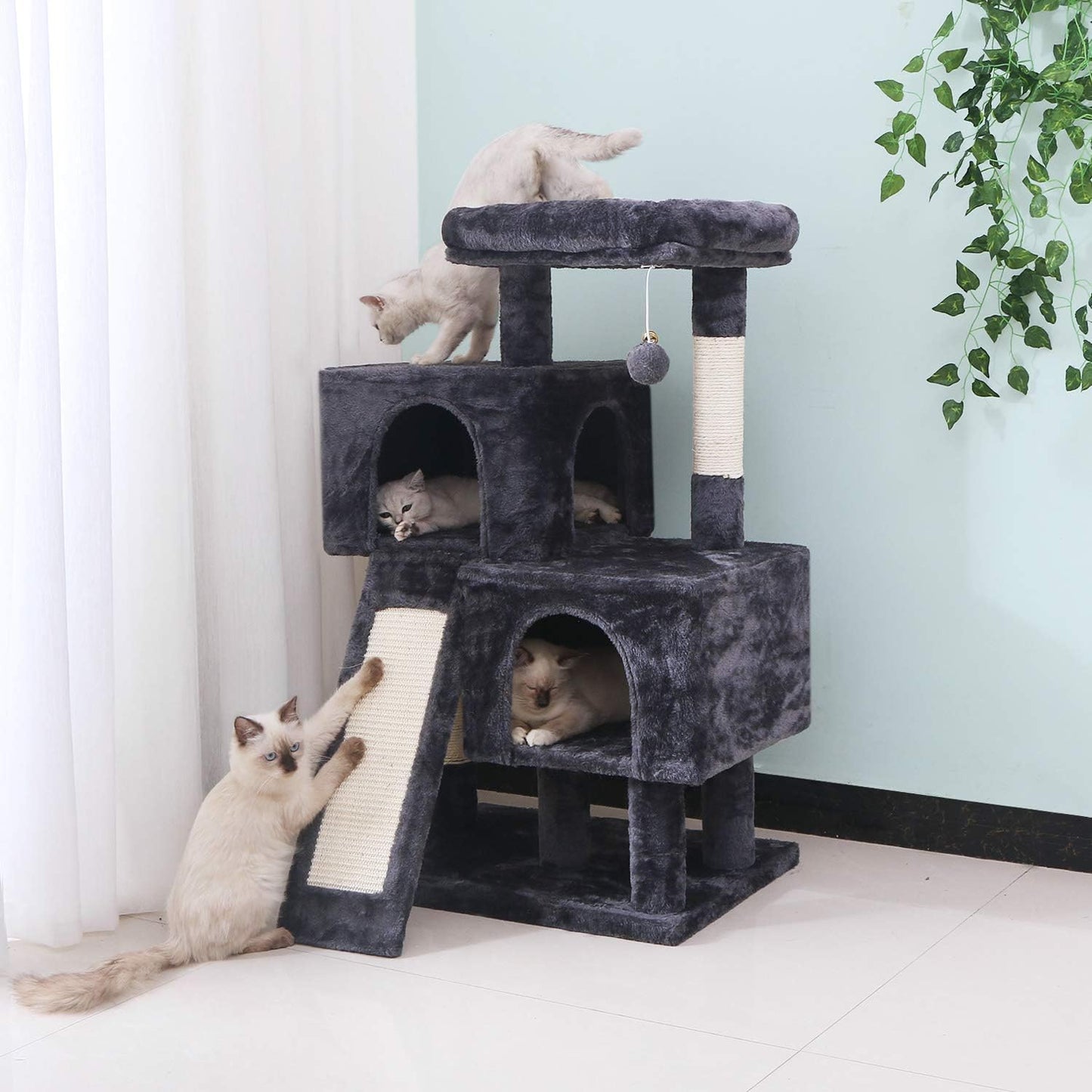 Cat Tree Condo with Sisal Scratching Posts, Plush Perches, and Dual Houses - Grey MMJ10B Kitty Activity Center