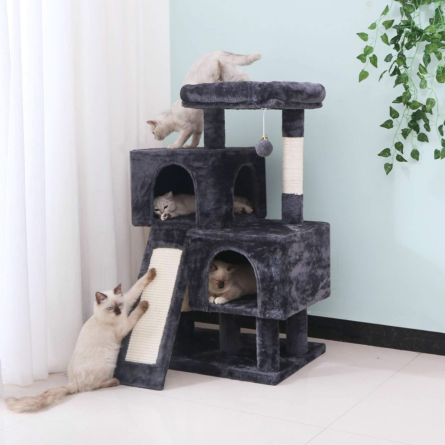 Cat Tree Condo with Sisal Scratching Posts, Plush Perches, and Dual Houses - Grey MMJ10B Kitty Activity Center