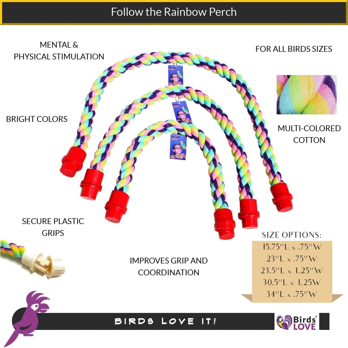 Cotton Rope Comfy Cable Perch Set for Birds - 23.5" Length, Ideal for African Greys, Amazons, Eclectus, Macaws, Cockatoos, and Similar Sized Birds
