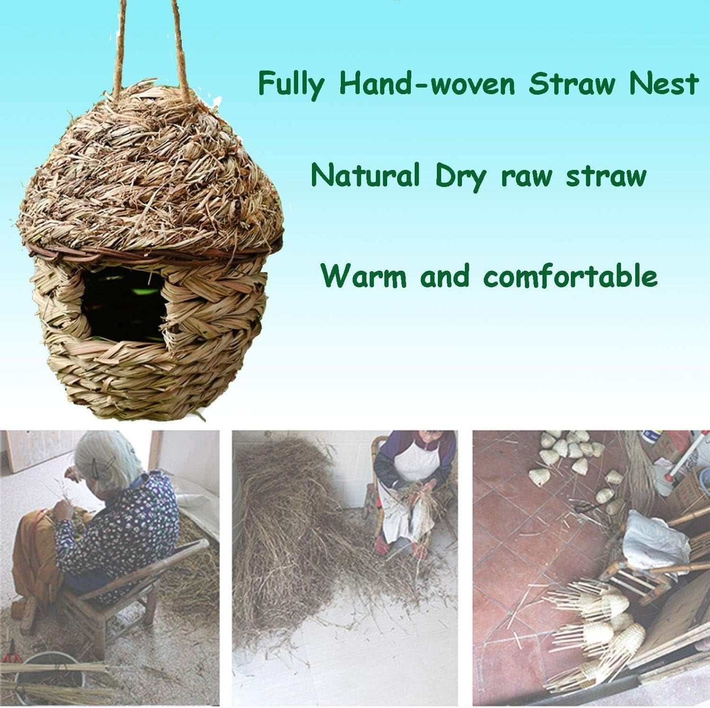 Handwoven Natural Straw Bird Cage Nest House - Cozy Breeding and Resting Space for Parrots, Canaries, Finches, and Cockatiels