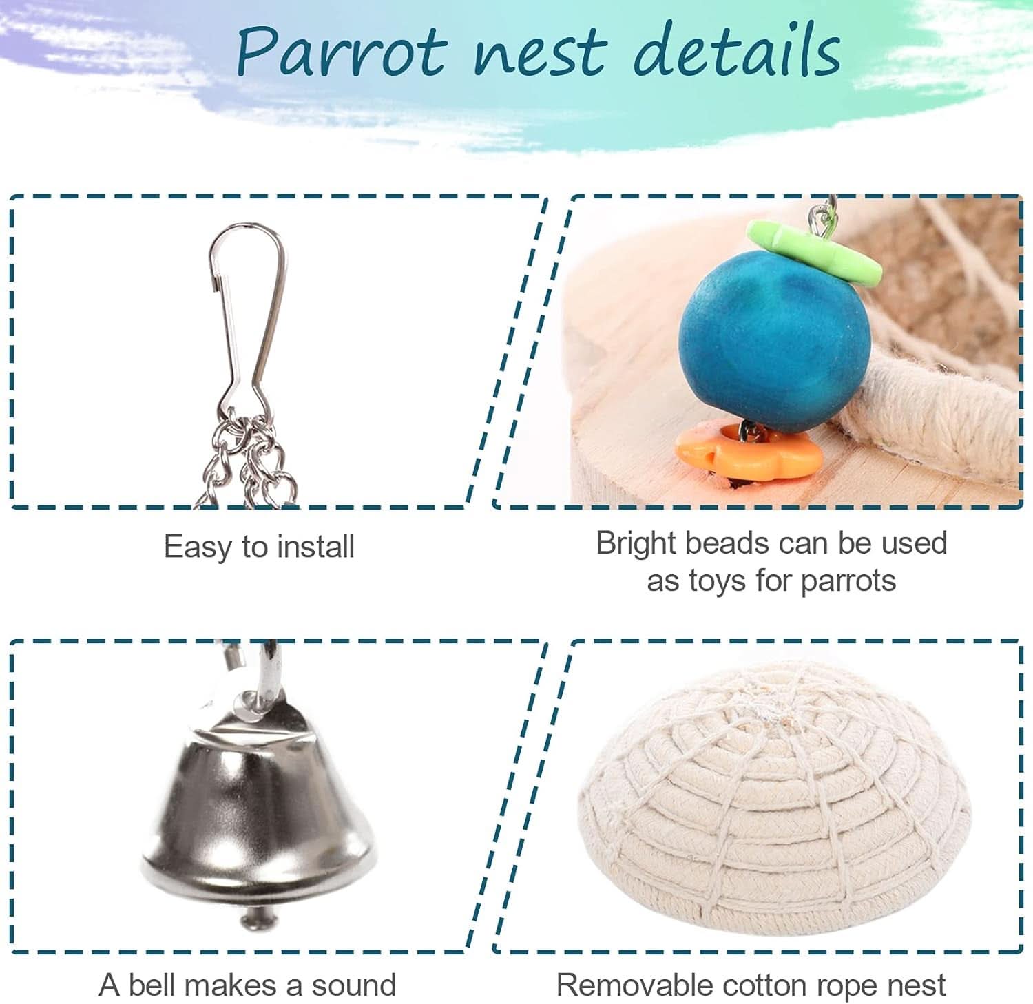 Hemp Rope Bird Nest: Hanging Parrot House with Toys, Bells, and Cotton Rope; Ideal Hatching Hut Hammock Swing for Cockatiel Habitat and Cage Accessories