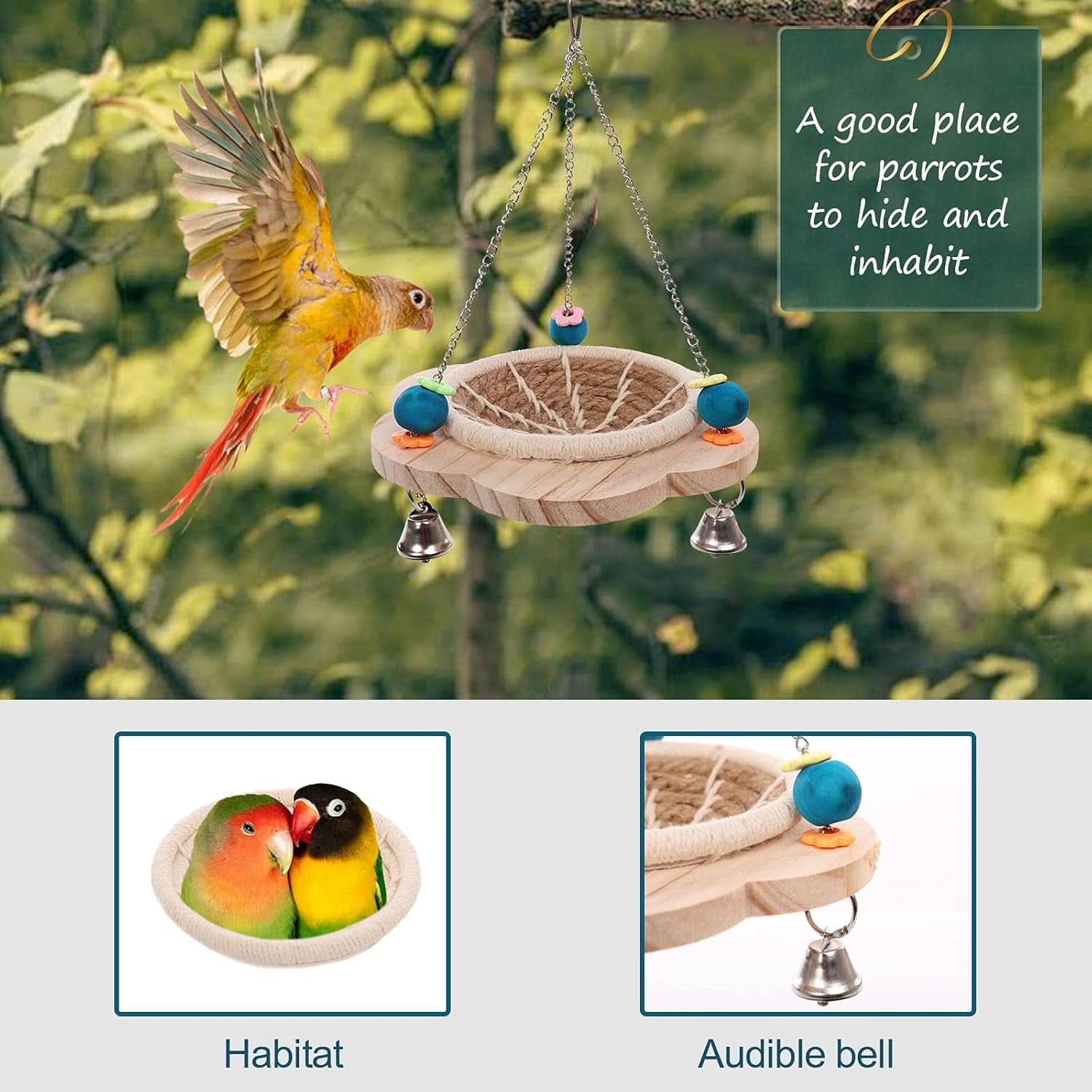 Hemp Rope Bird Nest: Hanging Parrot House with Toys, Bells, and Cotton Rope; Ideal Hatching Hut Hammock Swing for Cockatiel Habitat and Cage Accessories