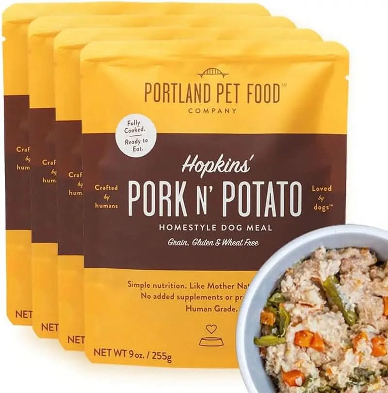 Hopkin's Pork and Potato All-Natural Dog Food, Fully Cooked Microwavable Meal Pouches, Grain and Gluten-Free, Made in the USA, 4 Pack (4 x 9 oz)
