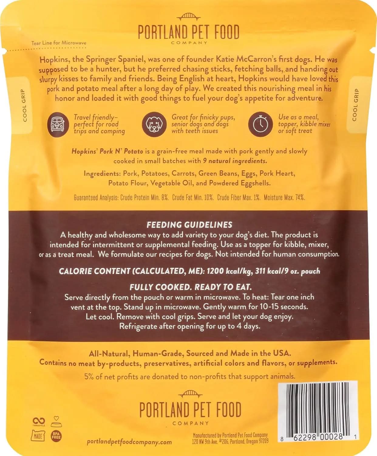 Hopkin's Pork and Potato All-Natural Dog Food, Fully Cooked Microwavable Meal Pouches, Grain and Gluten-Free, Made in the USA, 4 Pack (4 x 9 oz)