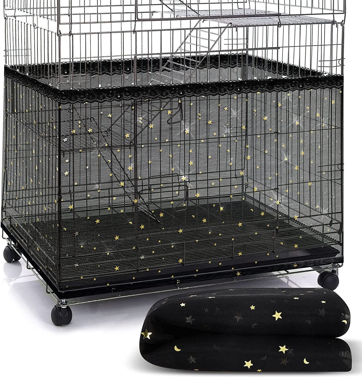 Large Nylon Mesh Bird Cage Cover with Seed and Feather Catcher - Universal Twinkle Star Design for Parakeets, Macaws, and African Grey Cages (Black, XL)