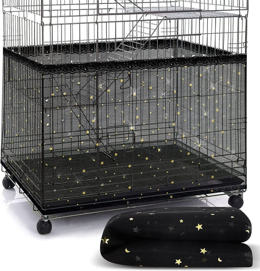 Large Nylon Mesh Bird Cage Cover with Seed and Feather Catcher - Universal Twinkle Star Design for Parakeets, Macaws, and African Grey Cages (Black, XL)